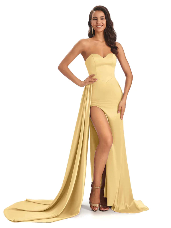 Sexy Mismatched Gold Side Slit Silky Mermaid Soft Satin Long Bridesmaid Dresses Online
