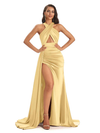 Sexy Mismatched Gold Side Slit Silky Mermaid Soft Satin Long Bridesmaid Dresses Online