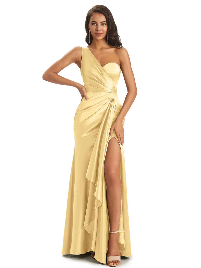 Sexy Mismatched Gold Side Slit Silky Mermaid Soft Satin Long Bridesmaid Dresses Online