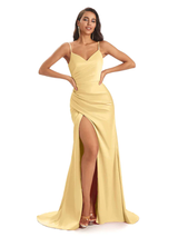 Sexy Mismatched Gold Side Slit Silky Mermaid Soft Satin Long Bridesmaid Dresses Online