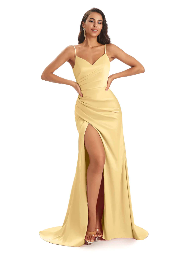 Chicsew Mix and Match Gold Long Mermaid Bridesmaid Dresses Satin Sexy Side Split / Mismatched Bridesmaid Dresses, Gold / D Chicsew Mix and Match Gold Long Mermaid Bridesmaid Dresses Satin Sexy Side Split / Mismatched Bridesmaid Dresses, Gold / D