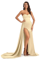Champagne Sexy Side Slit Silky Mismatched Soft Satin Mermaid Long Bridesmaid Dresses