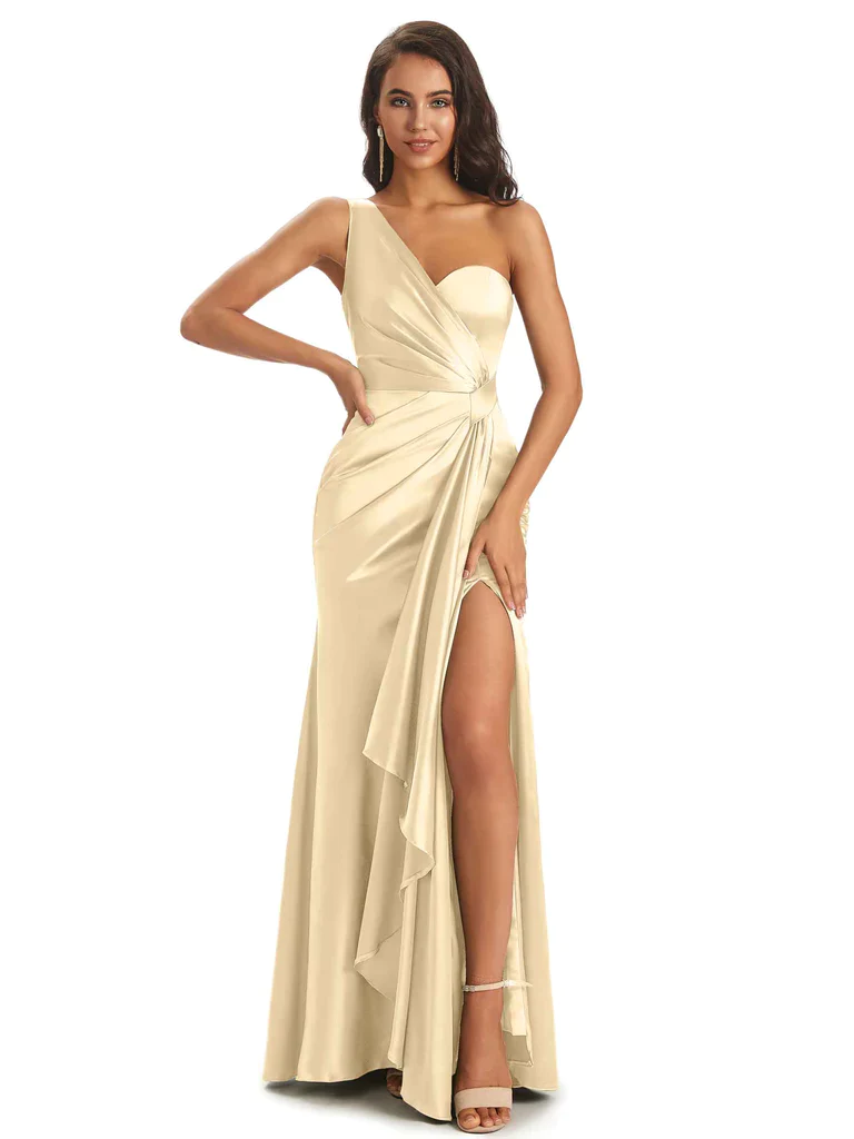 Champagne Sexy Side Slit Silky Mismatched Soft Satin Mermaid Long Bridesmaid Dresses