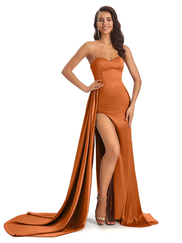 Burnt Orange Sexy Side Slit Silky Mismatched Satin Mermaid Long Brides - ChicSew Burnt Orange Sexy Side Slit Silky Mismatched Satin Mermaid Long Brides - ChicSew