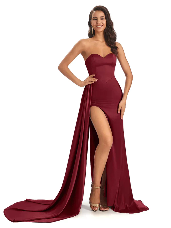 Burgundy Sexy Side Slit Silky Mismatched Soft Satin Mermaid Long Bride - ChicSew Burgundy Sexy Side Slit Silky Mismatched Soft Satin Mermaid Long Bride - ChicSew