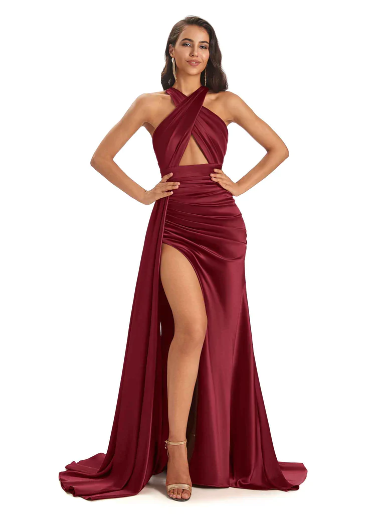 Burgundy Sexy Side Slit Silky Mismatched Soft Satin Mermaid Long