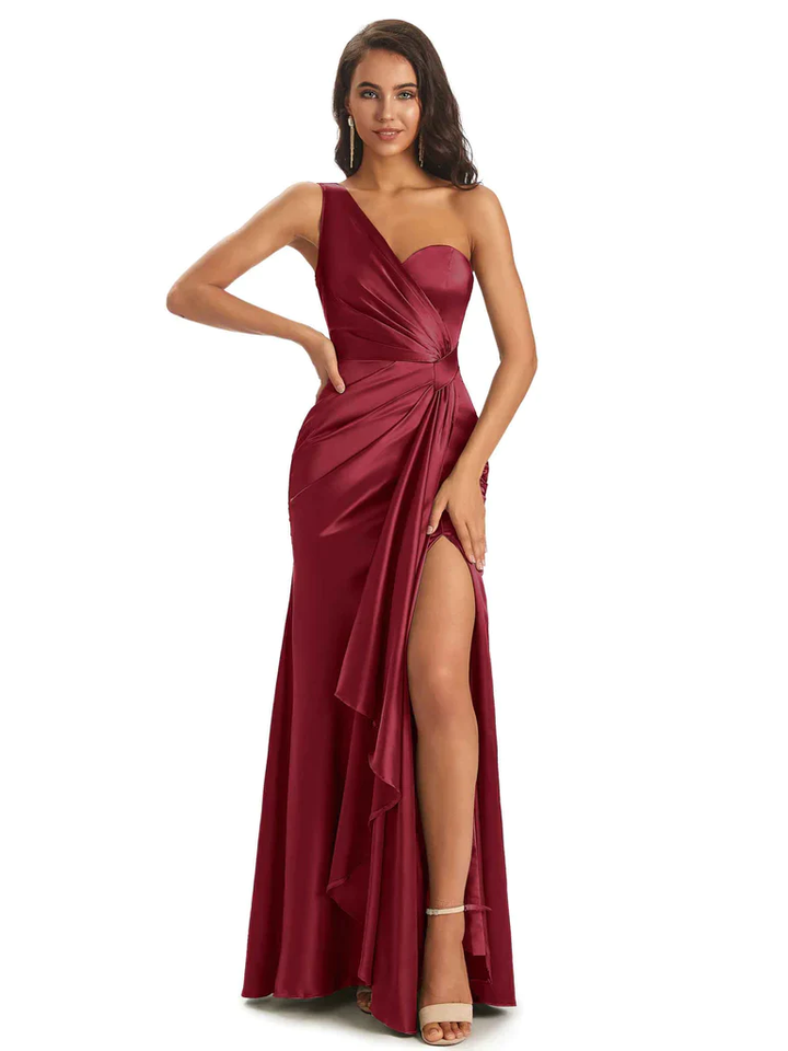 Burgundy Sexy Side Slit Silky Mismatched Soft Satin Mermaid Long Bridesmaid Dresses Online