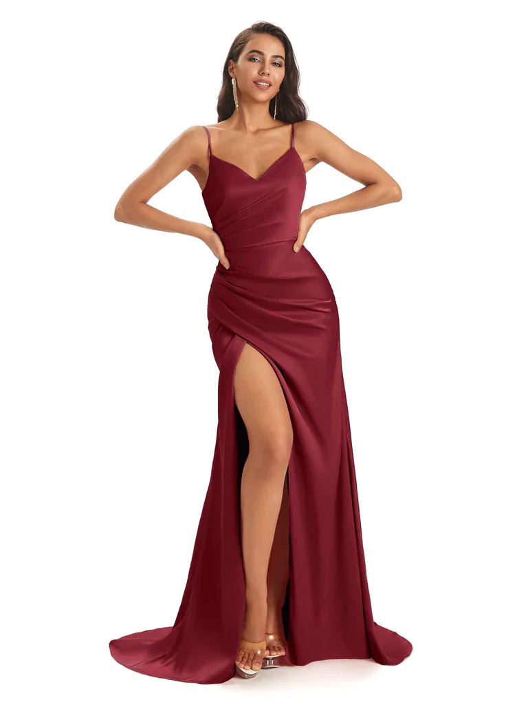 Burgundy Sexy Side Split Silky Mismatched Soft Satin Mermaid Long Red Bridesmaid Dresses Online/Bridal Party Dresses, Burgundy/D Burgundy Sexy Side Split Silky Mismatched Soft Satin Mermaid Long Red Bridesmaid Dresses Online/Bridal Party Dresses, Burgundy/D