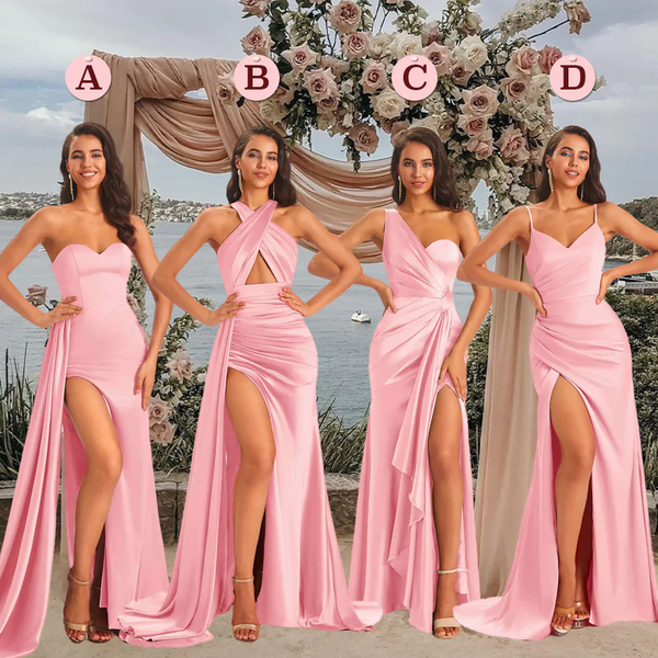 Blush Sexy Chic Silky Mismatched Side Slit Mermaid Satin Bridesmaid Dresses Online