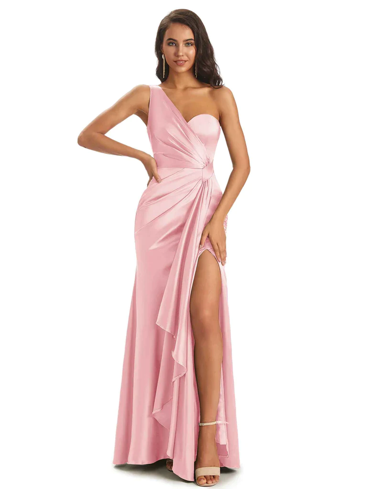 Blush Sexy Chic Silky Mismatched Side Slit Mermaid Satin Bridesmaid Dresses Online