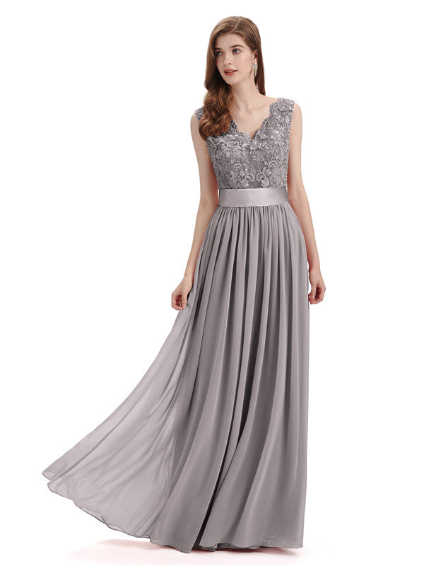 Elegant A-Line V-Neck Lace Chiffon Long Bridesmaid Dresses - Chicsew ...