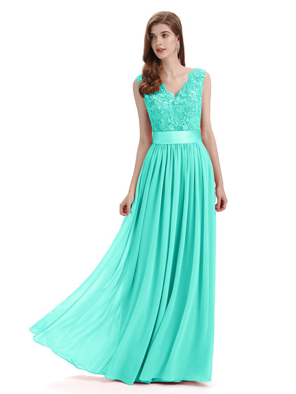 Elegant A-Line V-Neck Lace Chiffon Long Bridesmaid Dresses - Chicsew ...