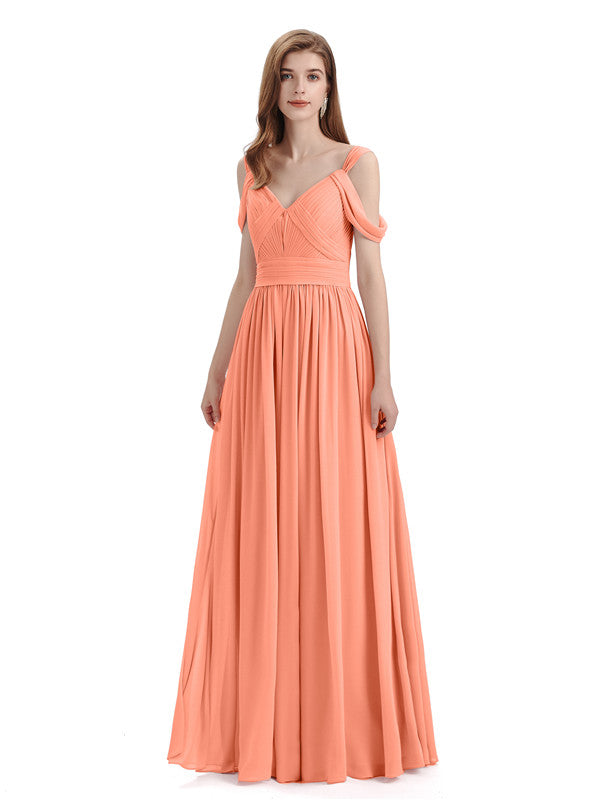 Off-the-shoulder Straight Across Neck Peach Dress - Xdressy