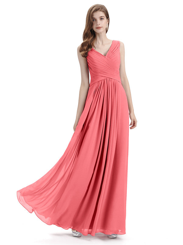 Simple V Neck Light Pink Bridesmaid Dresses Long Chiffon Maxi Dress AR –  SheerGirl