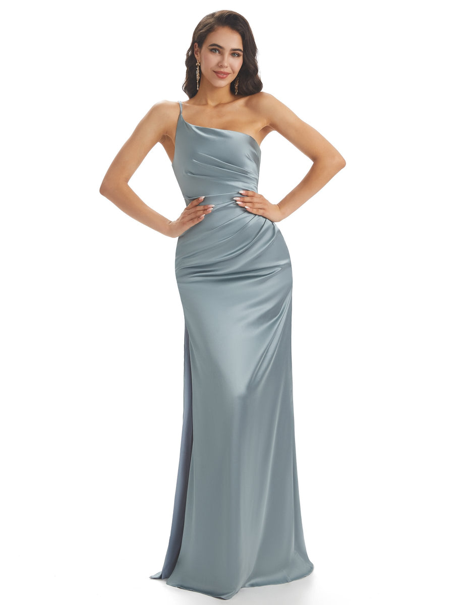 Silky Soft Satin One Shoulder Side Slit Mermaid Long Curve Wedding Guest Dresses