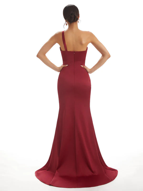 Burgundy Sexy Chic Silky Mismatched Side Slit Mermaid Satin Bridesmaid Dresses Sale