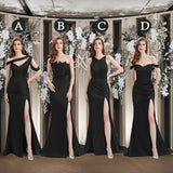 Sexy Mismatched Side Slit Soft Satin Long Mermaid Black Bridesmaid Dresses