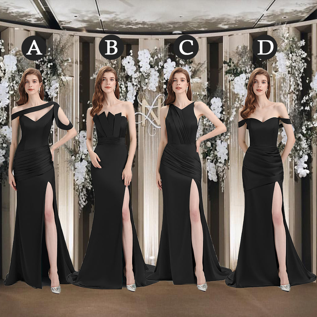 Sexy Mismatched Side Slit Soft Satin Long Mermaid Black Bridesmaid
