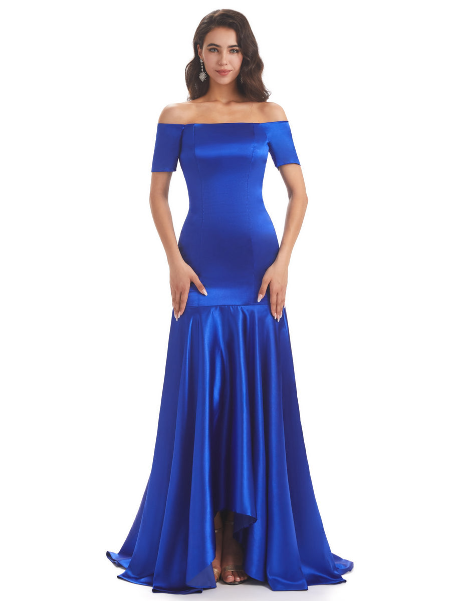 Elegant Soft Satin Mermaid Off The Shoulder High Low Satin Dresses