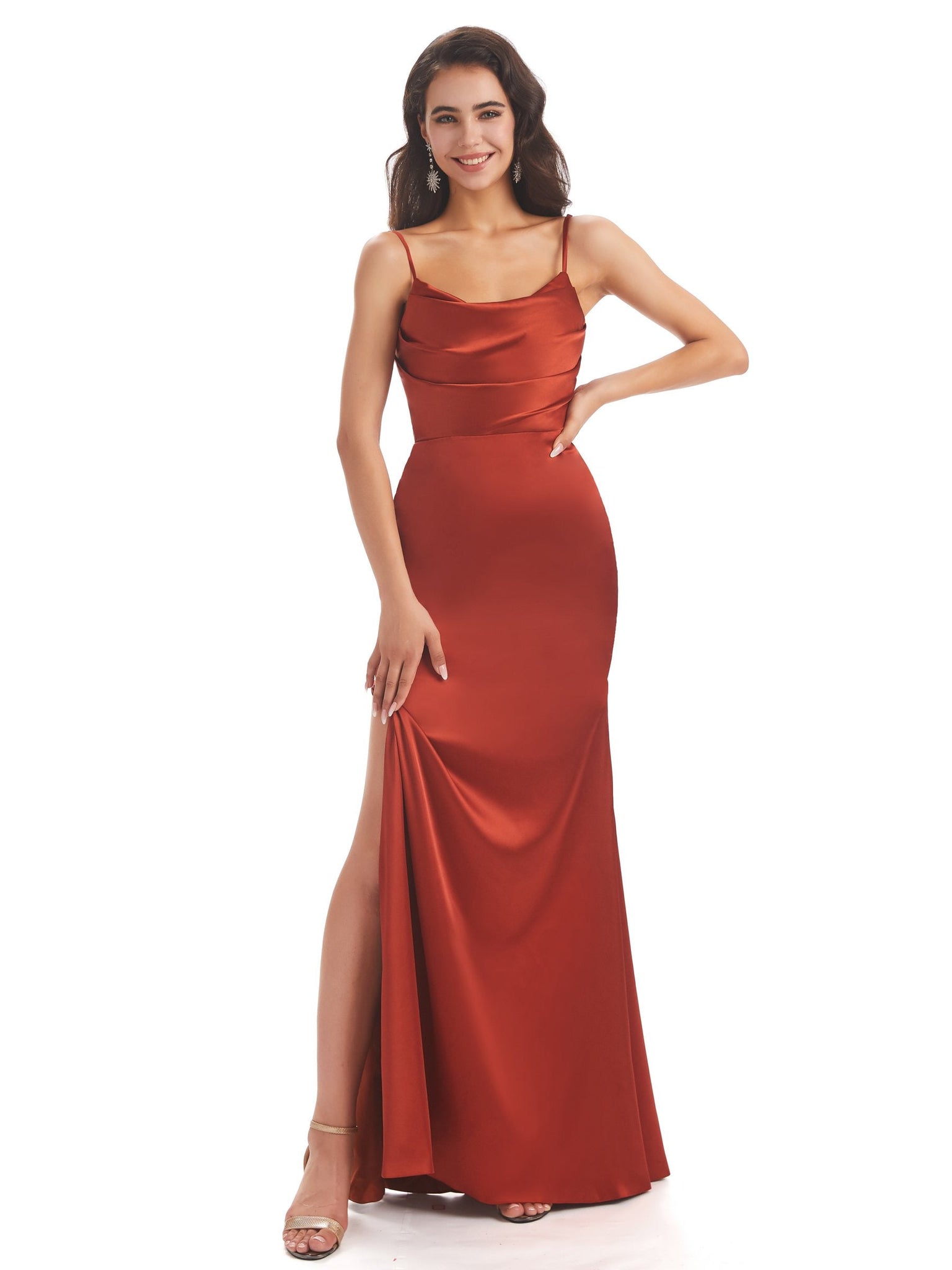 Sexy Side Slit Soft Satin Spaghetti Straps Mermaid Wedding Guest Dresses