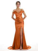 Burnt Orange Sexy Chic Silky Mismatched Satin Mermaid Long Bridesmaid Dresses Online
